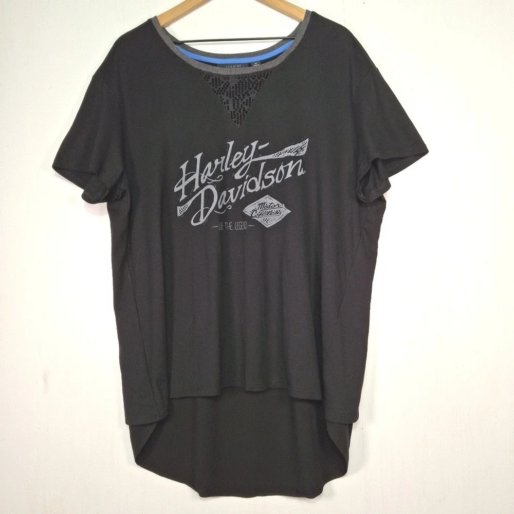 Harley-Davidson Womens Crossover Back Tee 1W Black Graphic T-Shirt Mesh V-Neck - Picture 1 of 13